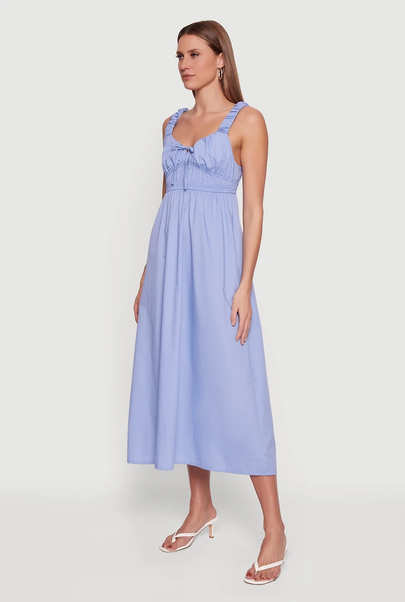 Poplin Tie Front Sleeveless Empire Waist Dress