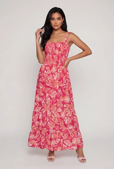 Seashell Print Tiered Maxi Dress