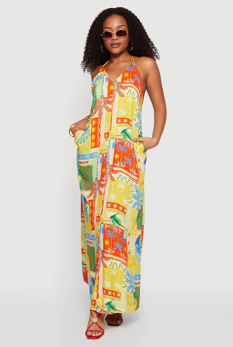 Tropical Patchwork Print Sleeveless Maxi Dress