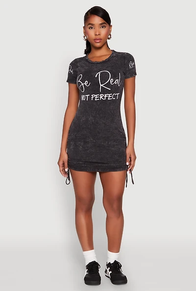 Womens Mineral Wash Be Real Not Perfect T Shirt Dress, Black, Size L