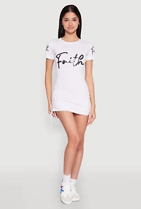 Womens Faith Sequin Ruched T Shirt Dress, White, Size M