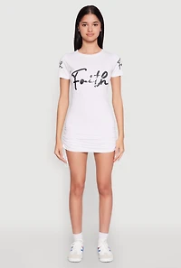 Womens Faith Sequin Ruched T Shirt Dress, White, Size M