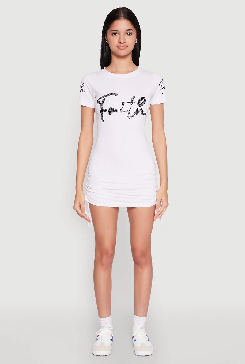 Womens Faith Sequin Ruched T Shirt Dress, White, Size S