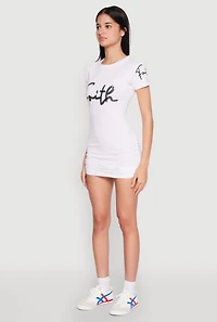 Womens Faith Sequin Ruched T Shirt Dress, White, Size M