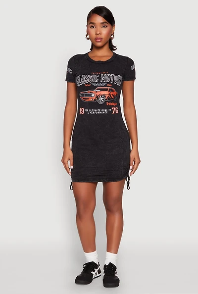 Womens Mineral Wash Classic Motors Graphic Print Dress, Black, Size L