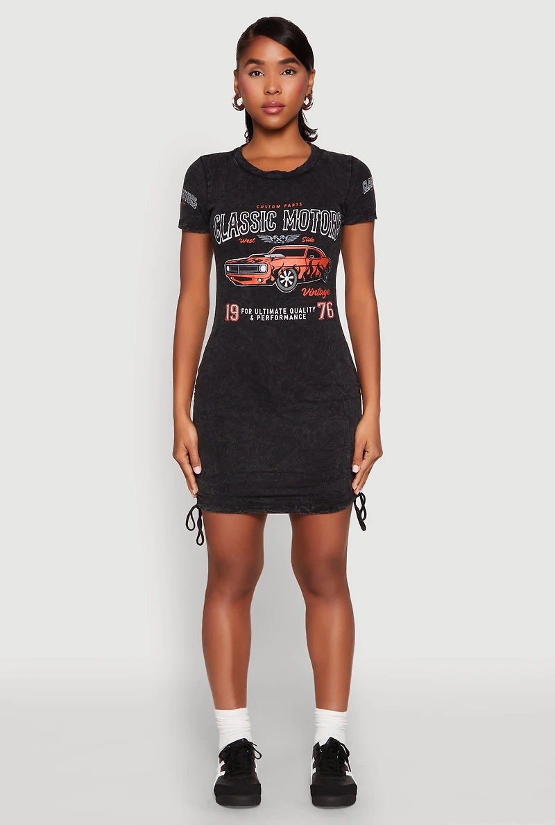 Womens Mineral Wash Classic Motors Graphic Print Dress, Black, Size M