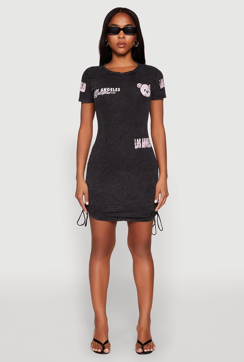 Womens Mineral Wash Los Angeles Graphic Print Dress, Grey, Size M