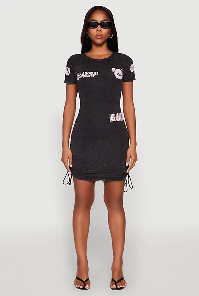 Womens Mineral Wash Los Angeles Graphic Print Dress, Grey, Size M