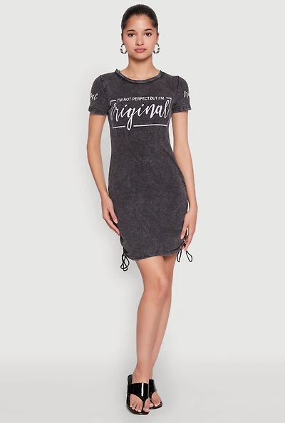 Womens Im Not Perfect But Im Original Ruched Dress, Black, Size S
