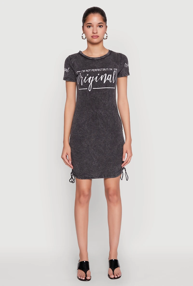 Womens Im Not Perfect But Im Original Ruched Dress, Grey, Size S