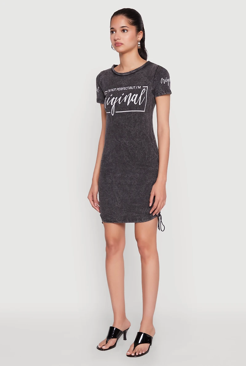 Womens Im Not Perfect But Im Original Ruched Dress, Grey, Size S