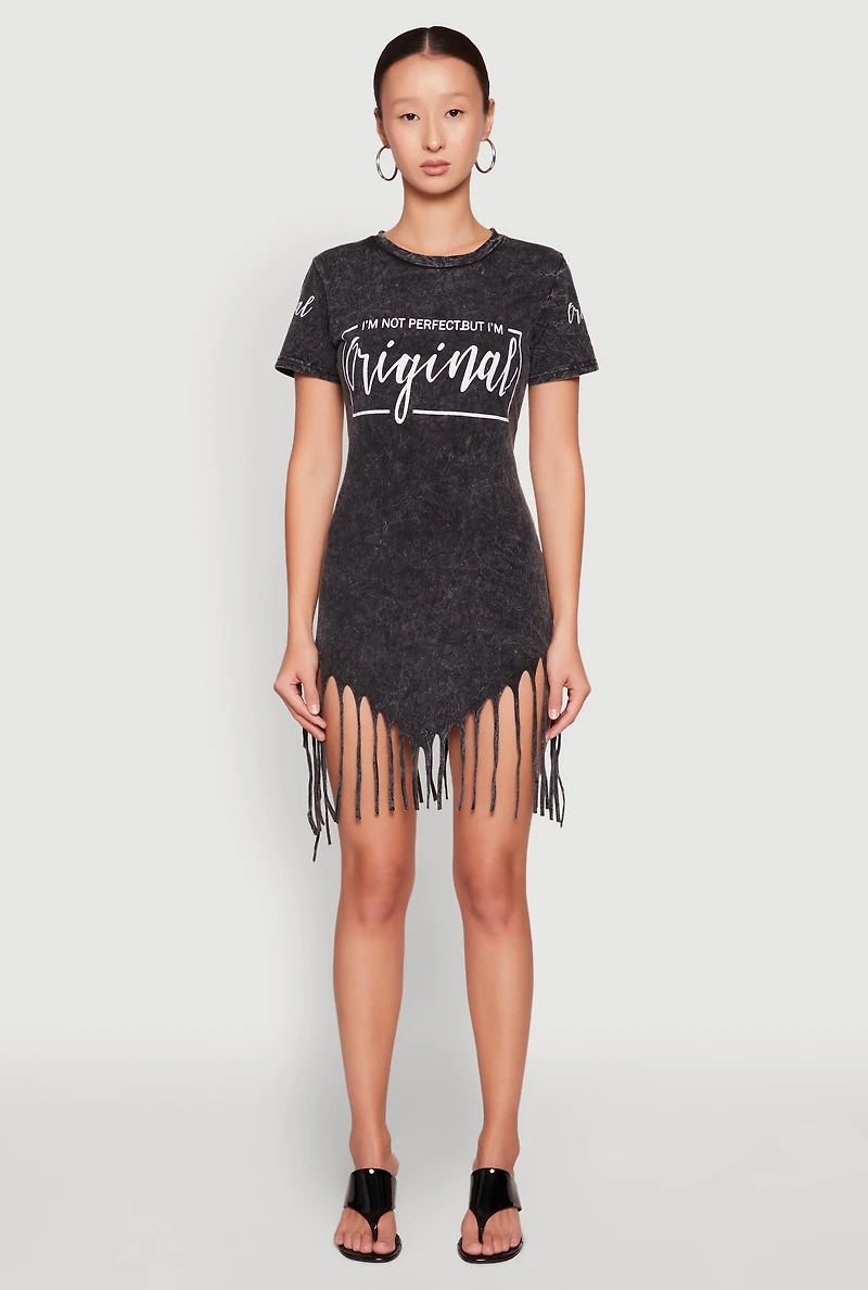 Womens Mineral Wash Im Not Perfect But Im Original Fringe Dress, Grey, Size S