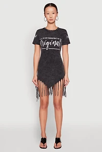 Womens Mineral Wash Im Not Perfect But Im Original Fringe Dress, Grey, Size S