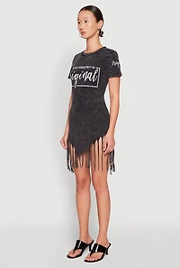 Womens Mineral Wash Im Not Perfect But Im Original Fringe Dress, Grey, Size S