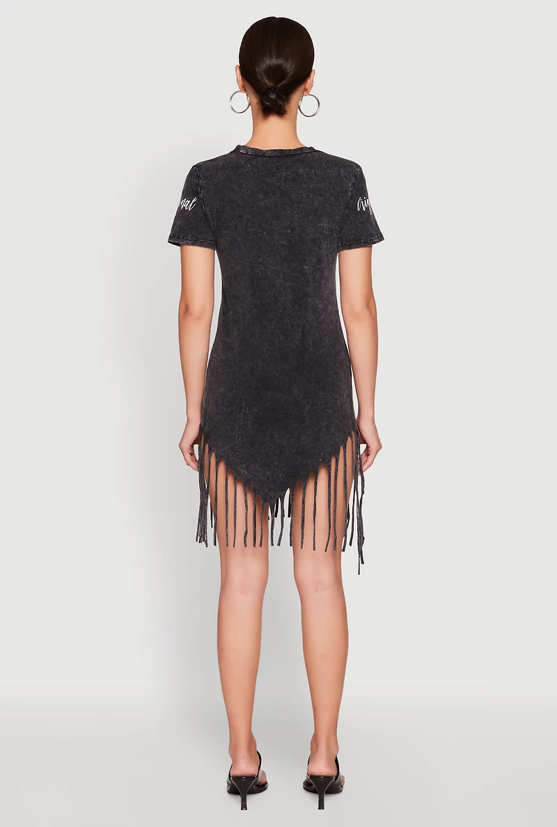 Womens Mineral Wash Im Not Perfect But Im Original Fringe Dress, Grey, Size S