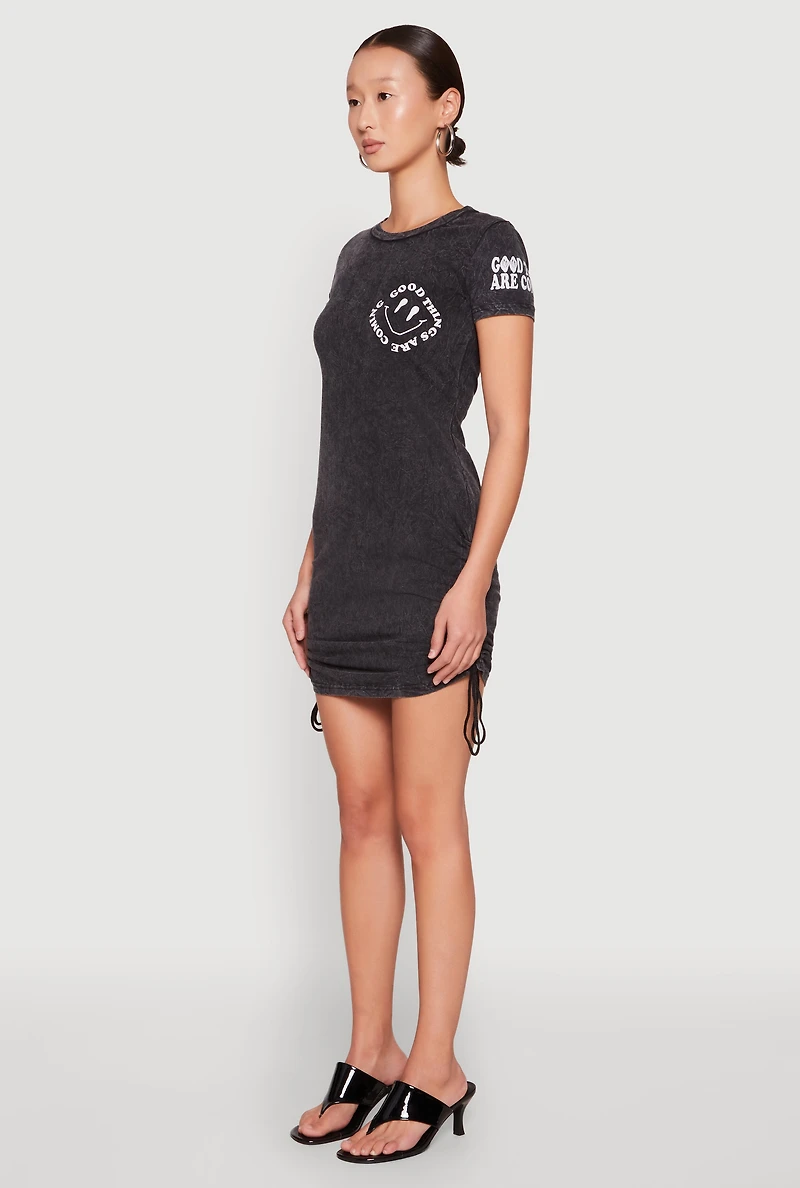 Womens Mineral Wash Good Things Are Coming Dress, Grey,