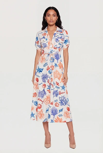 Ocean Patterned Tie Waist Belted Midi Polo Dress