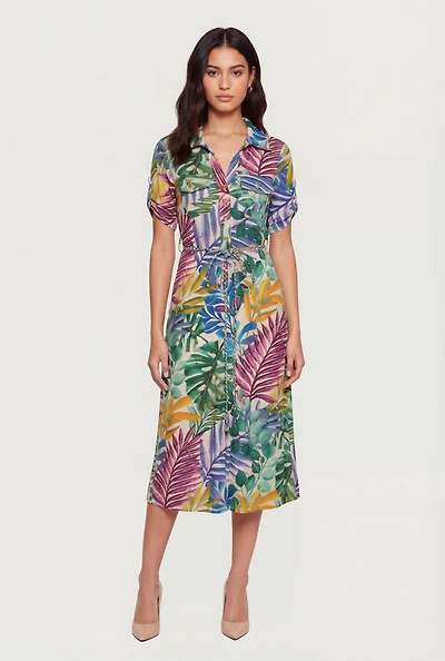 Palm Tree Half Button Front Shirt Dress with Tie Waist Belt