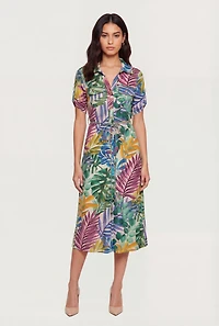 Palm Tree Half Button Front Shirt Dress with Tie Waist Belt
