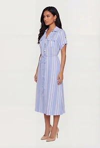 Striped Half Button Front Shirt Dress with Tie Waist Belt