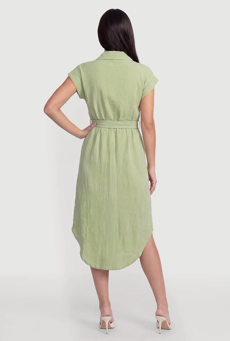 Crepe Knit Button Front Belted Shirt Dress