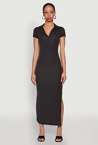 Womens Side Slit Polo Collar Midi Dress, Black, Size S