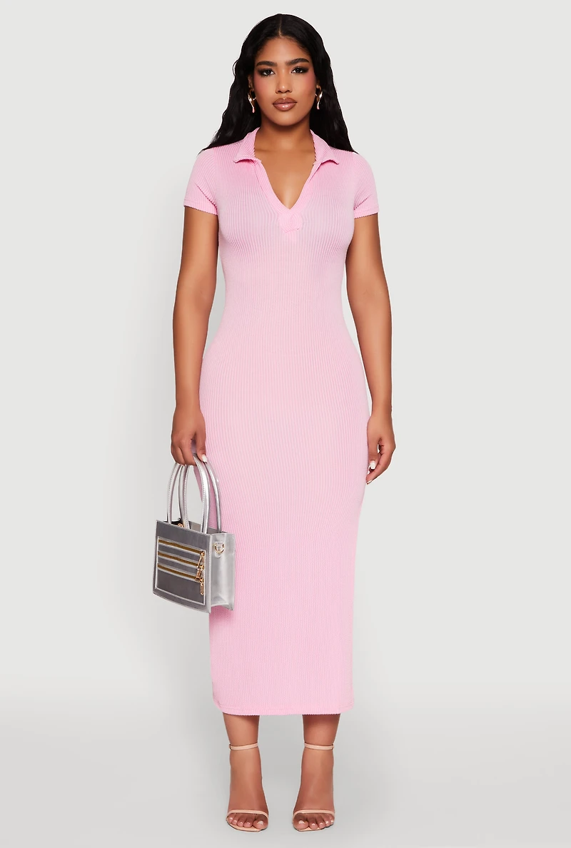 Womens Side Slit Polo Collar Midi Dress, Pink, Size M