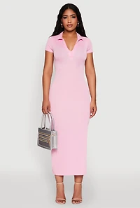 Womens Side Slit Polo Collar Midi Dress, Pink, Size M