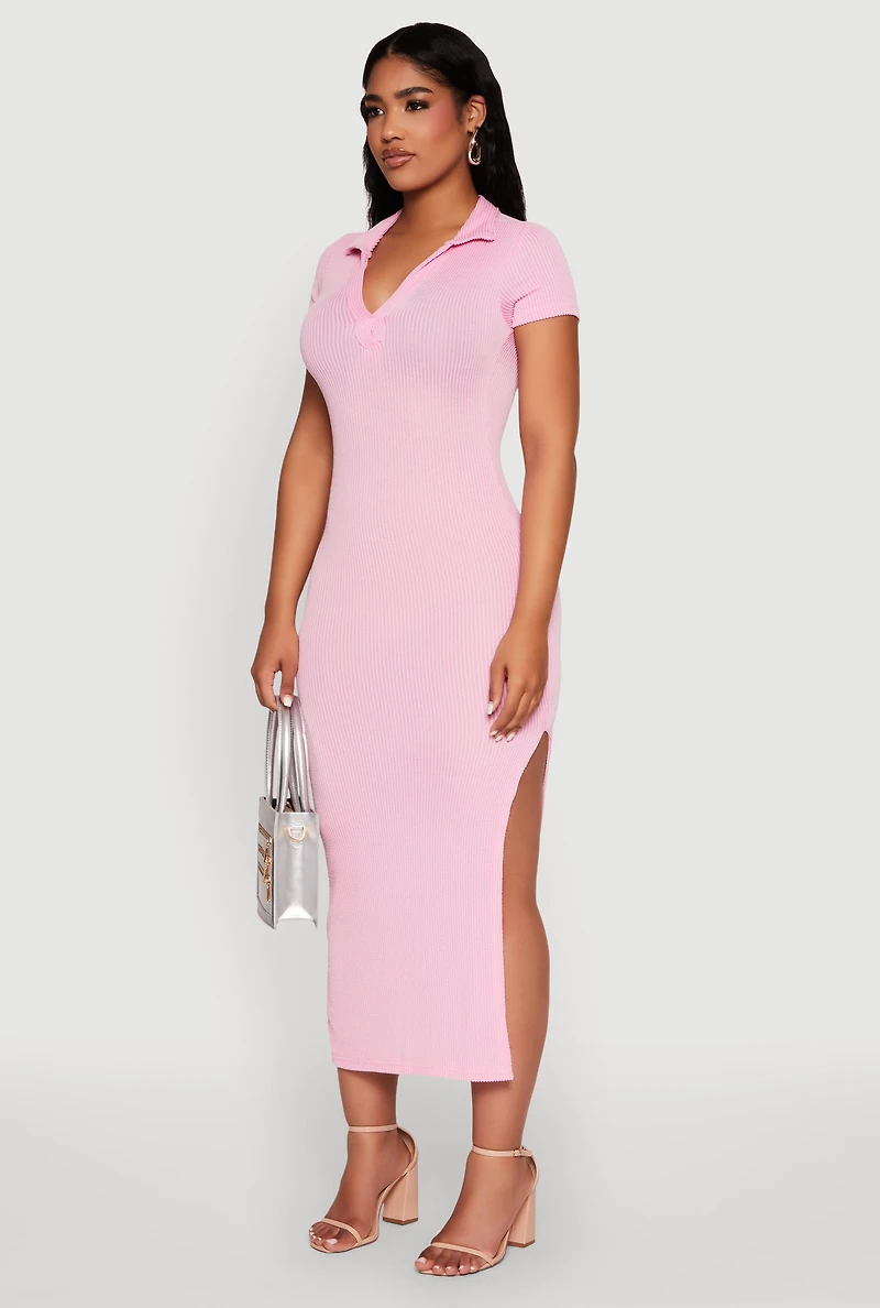 Womens Side Slit Polo Collar Midi Dress, Pink, Size M