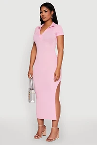 Womens Side Slit Polo Collar Midi Dress, Pink, Size M