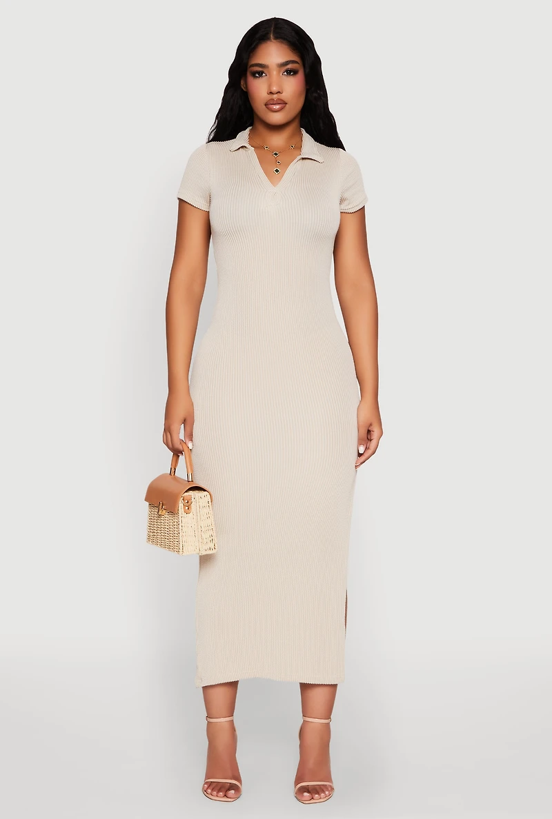 Side Slit Polo Collar Midi Dress