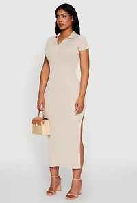 Side Slit Polo Collar Midi Dress