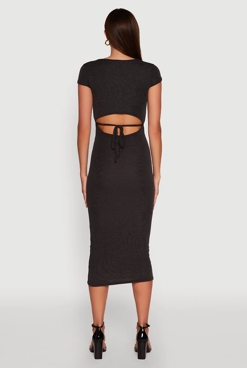 Womens Trendy Textured Knit Tie Back Cut Out Maxi Dress, Black, Size L