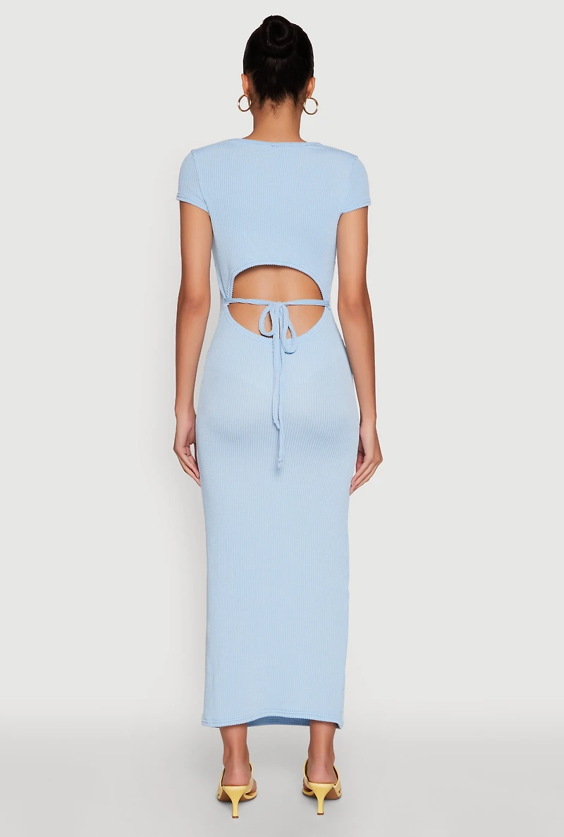 Womens Trendy Textured Knit Tie Back Cut Out Maxi Dress,