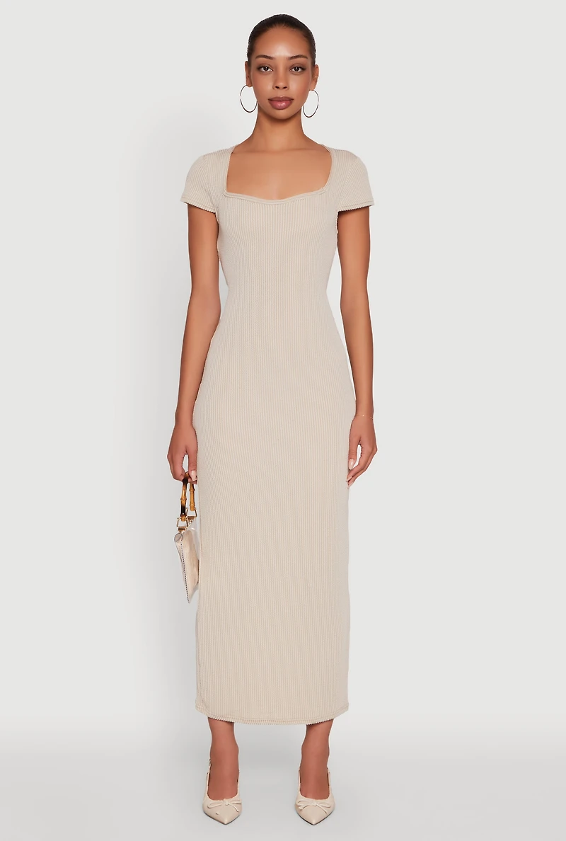 Womens Trendy Textured Knit Tie Back Cut Out Maxi Dress, Beige, Size L