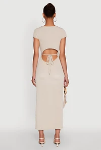 Womens Trendy Textured Knit Tie Back Cut Out Maxi Dress,