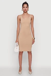 Womens Chic Sleeveless Scoop Neck Midi Tank Dress, Beige,