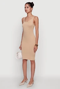 Womens Chic Sleeveless Scoop Neck Midi Tank Dress, Beige,