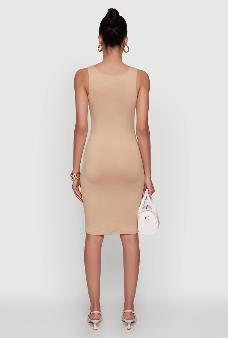 Womens Chic Sleeveless Scoop Neck Midi Tank Dress, Beige,