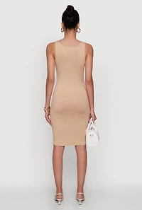 Womens Chic Sleeveless Scoop Neck Midi Tank Dress, Beige,