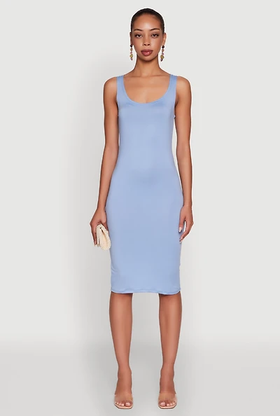 Womens Chic Sleeveless Scoop Neck Midi Tank Dress, Blue, Size S