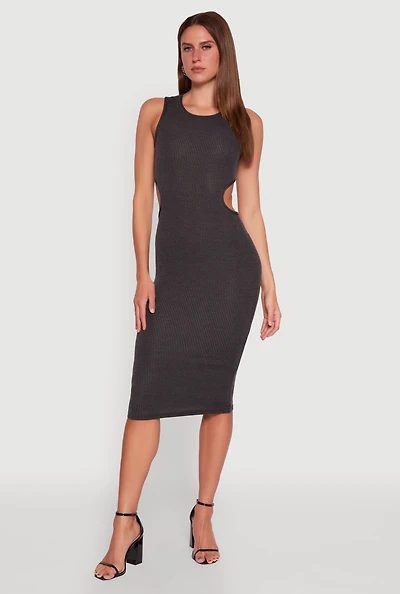 Womens Chic Ribbed Knit Keyhole Back Midi Tank Dress,