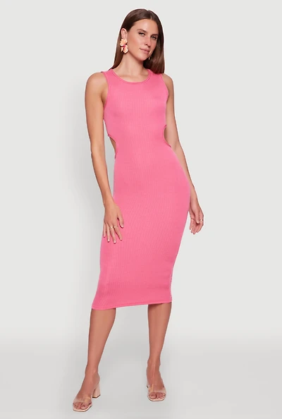 Womens Chic Ribbed Knit Keyhole Back Midi Tank Dress, Pink, Size L