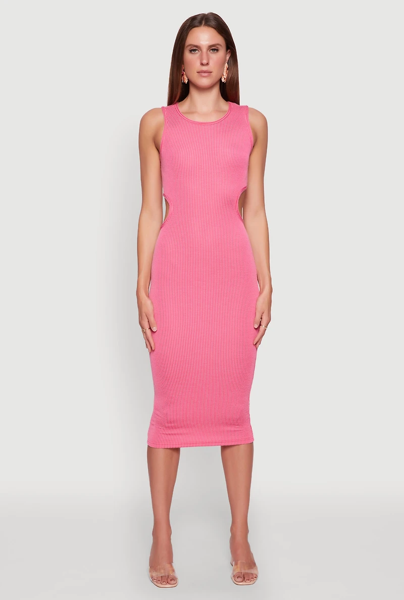 Womens Chic Ribbed Knit Keyhole Back Midi Tank Dress, Pink, Size L