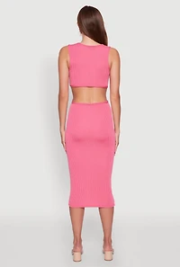 Womens Chic Ribbed Knit Keyhole Back Midi Tank Dress, Pink, Size L
