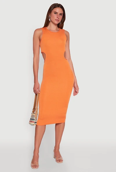 Womens Chic Ribbed Knit Keyhole Back Midi Tank Dress, Orange, Size S