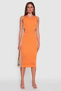 Womens Chic Ribbed Knit Keyhole Back Midi Tank Dress, Orange,