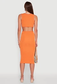 Womens Chic Ribbed Knit Keyhole Back Midi Tank Dress, Orange,