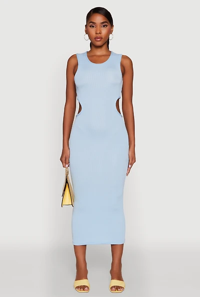 Womens Chic Ribbed Knit Keyhole Back Midi Tank Dress, Blue, Size M