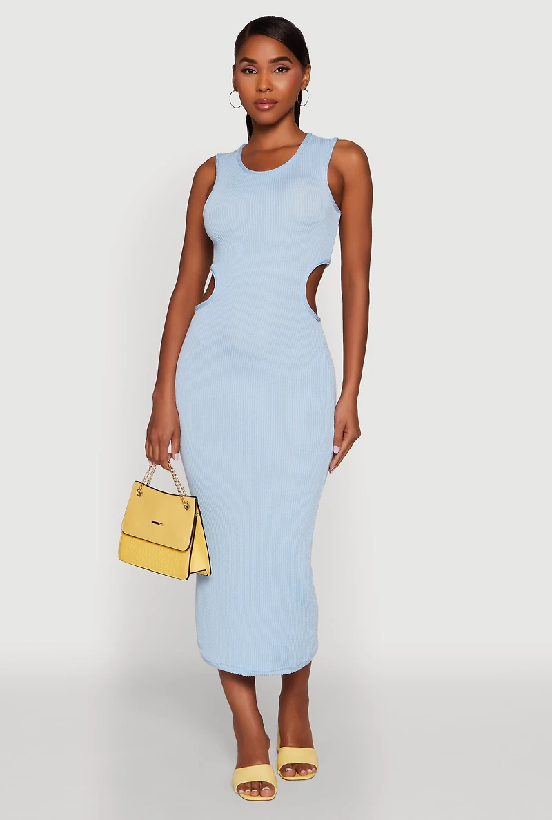 Womens Chic Ribbed Knit Keyhole Back Midi Tank Dress, Blue, Size XL